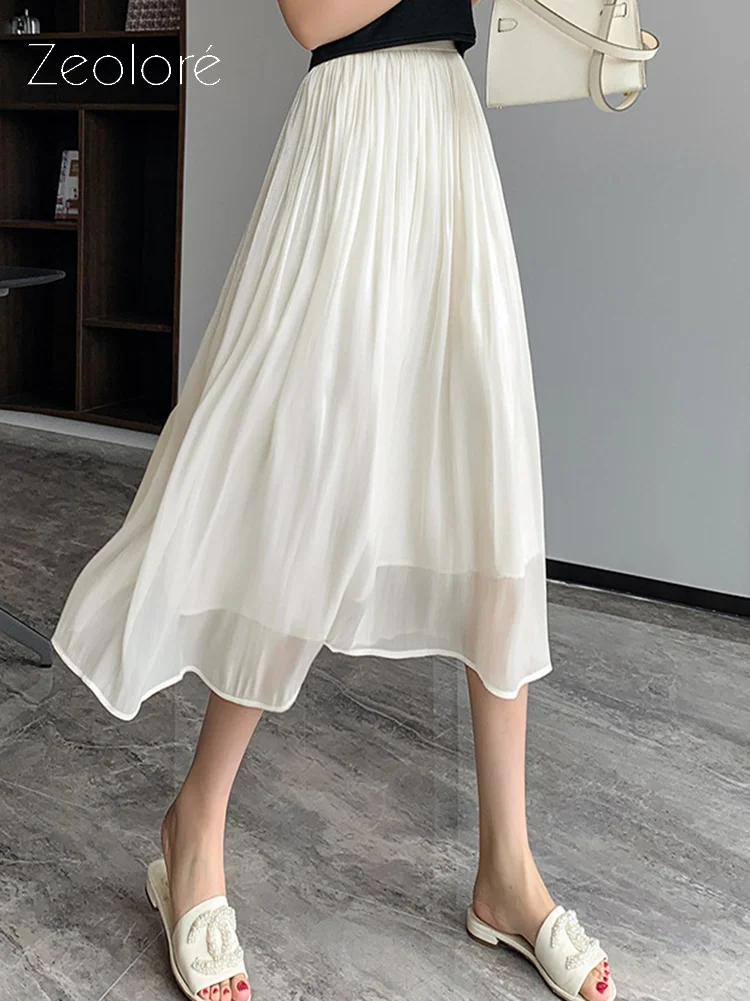 

Zeolore 2022 Summer Women's Solid Color A Line Midi length Skirt Elegant High Waist Skirt Black QT1767