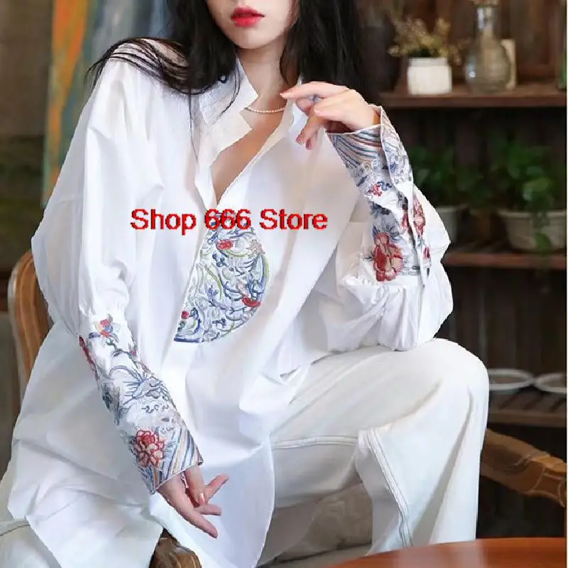 Summer  Autumn China Style RetroTops Chinese Traditional Shirts Tang Suit Hanfu Women Clothing Ethnic Embroidery White T-shirt