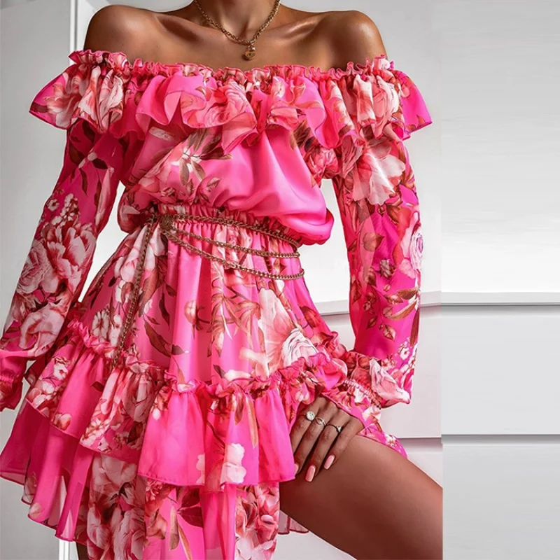 

2022European And American Women 'S Clothing Autumn New Off-Shoulder Printed Slim Dress