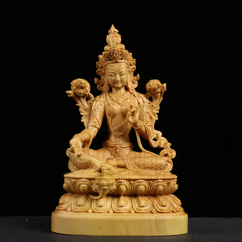 

12cm Boxwood Bodhisattva Tara Sculpture Tibetan Buddha Wood Statue Worships Home Decor Statue Sculpture