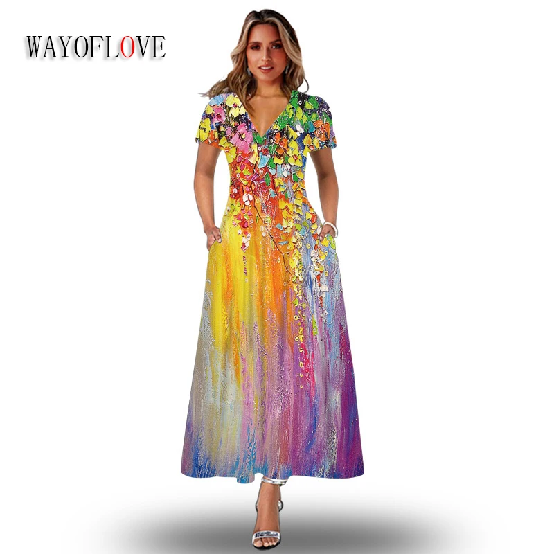 

WAYOFLOVE Spring Summer Vintage Printed Woman Long Dress Elegant Party Casual Holiday Beach Short Sleeve Vestidos V Neck Dresses