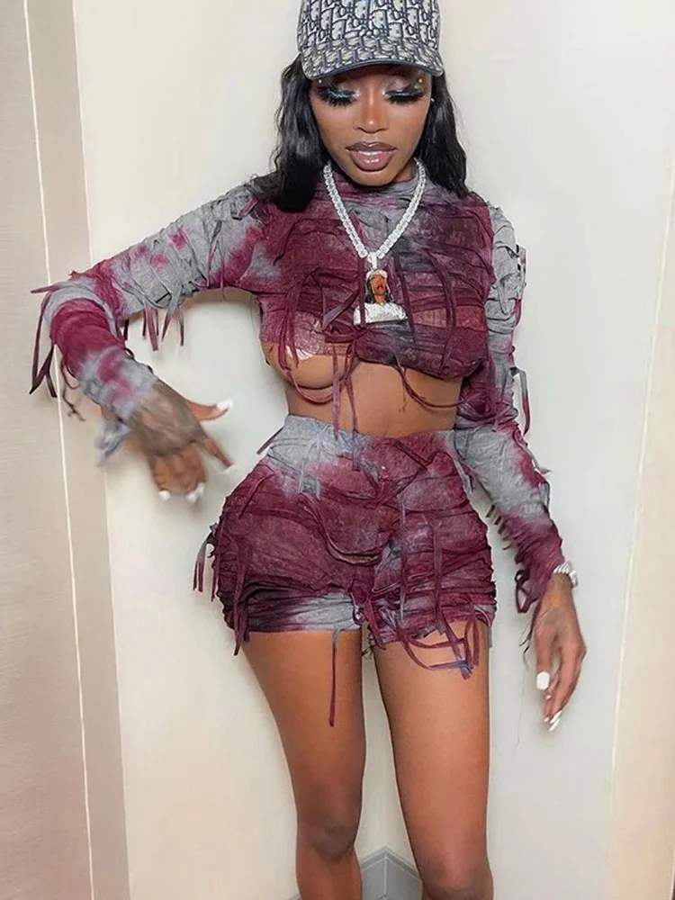 

Женский комплект из двух предметов, привлекательный короткий топ с круглым вырезом и длинным рукавом и шорты с высокой талией, весна-осень ...