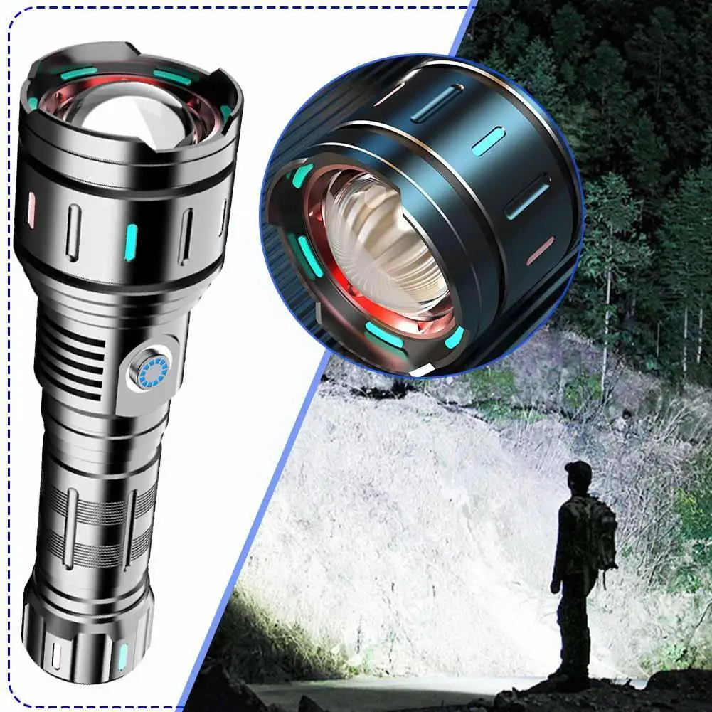 

USB Перезаряжаемый Телескопический большой прожектор с зумом, ручной фонарик, тактическое освещение, вспышка для экстренных ситуаций, освещ...
