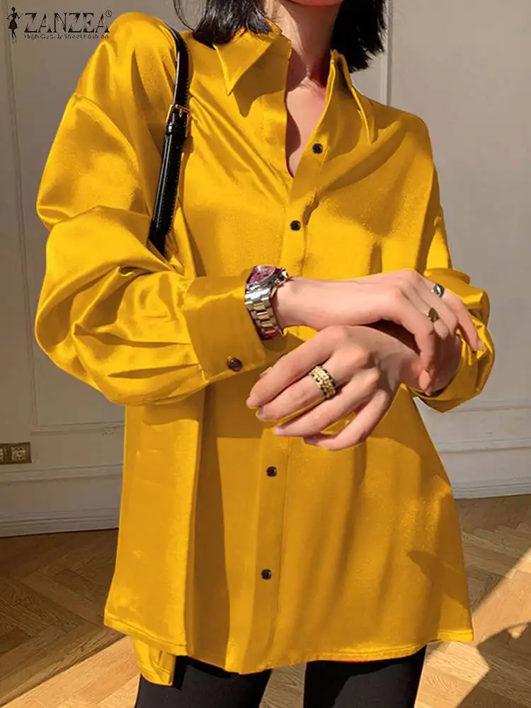 

ZANZEA Casual Loose Lapel Female Tunics Elegant Satin Silk Shirt Fashion Women Long Sleeve Blouse Autumn 2023 Vintage Party Tops