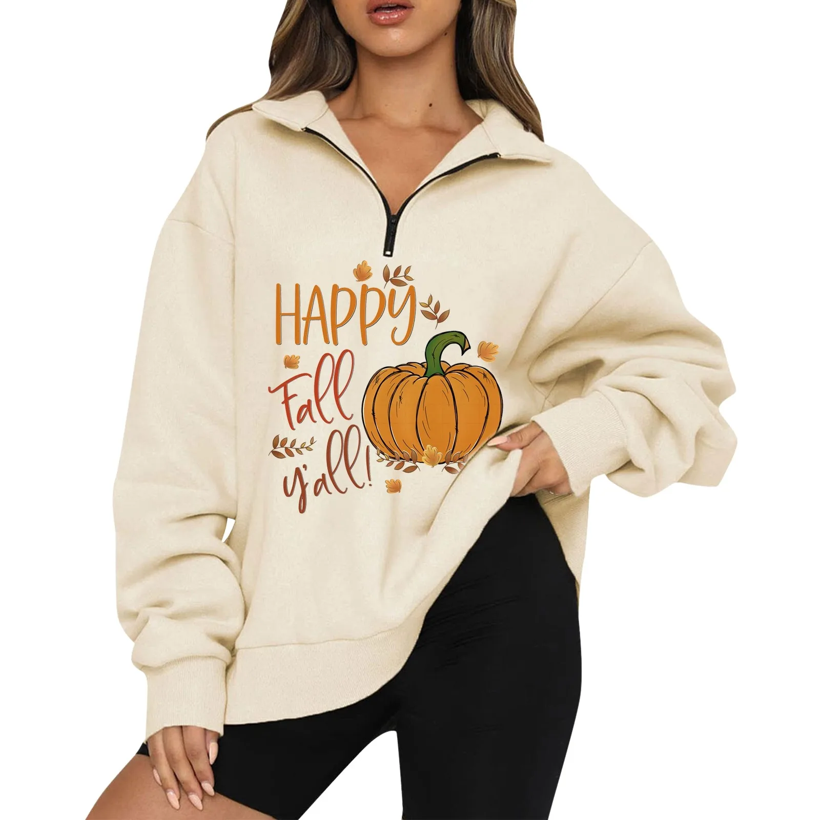 

Pumpkin Graphic Sweatshirt For Women Halloween Printed Sweatshirt Zipper Lapel Long Sleeve Hoodie Oversize Clothes Autumn Winter