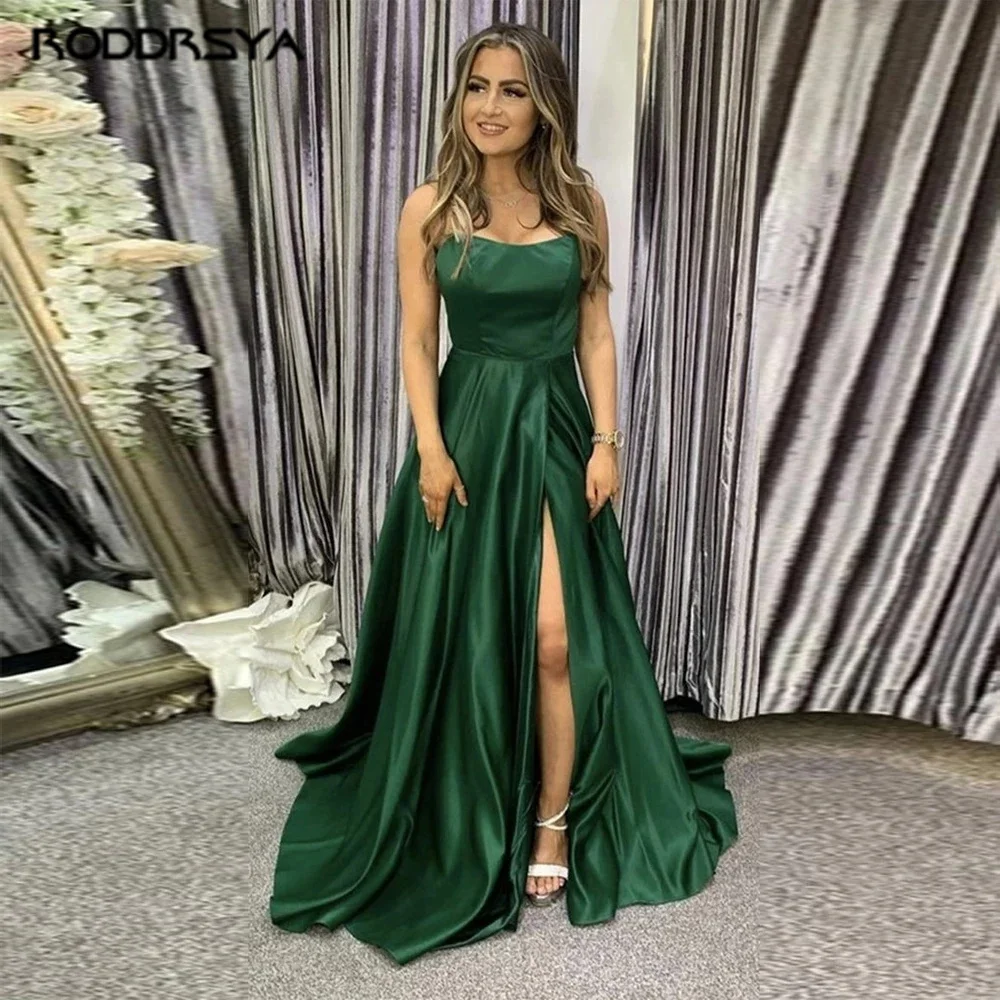 

2022 Green A line Prom Dresses Long Side Slit Spaghetti Strap Sexy Satin Formal Evening Dresses Back Bandage Prom Gown Vestido