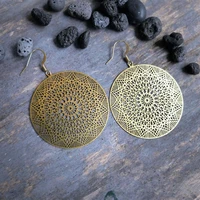 large gold disc earrings raw brass ethnic style earrings mandala earrings boho womens charm earrings filigree jewelry