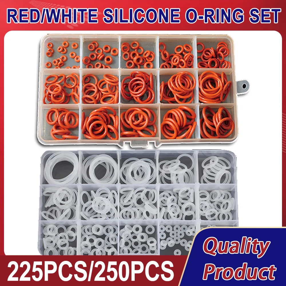 

225/250pcs Red/white Silicone O-ring Sealing Gaskets Waterproof Washer Oil Resistant High Temperature Oring Assortment Sets