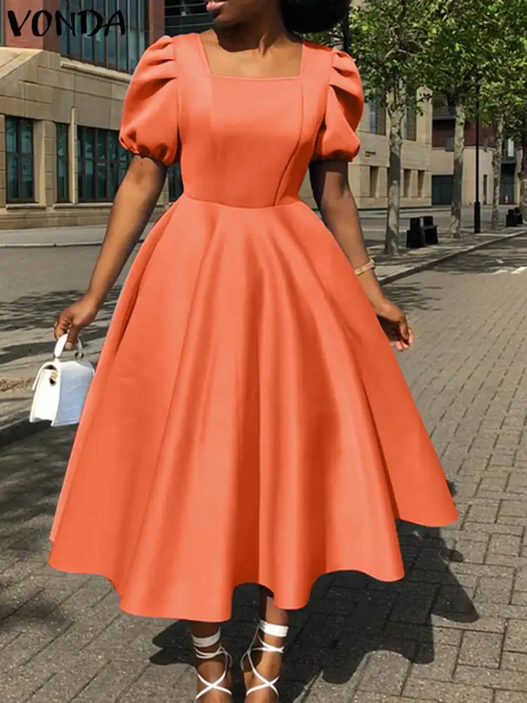 

Stylish Women Elegant Sundress 2022 VONDA Summer Casual Solid Puff Sleeve Evening Midi Dresses Office Lady A Line Clothes Femme