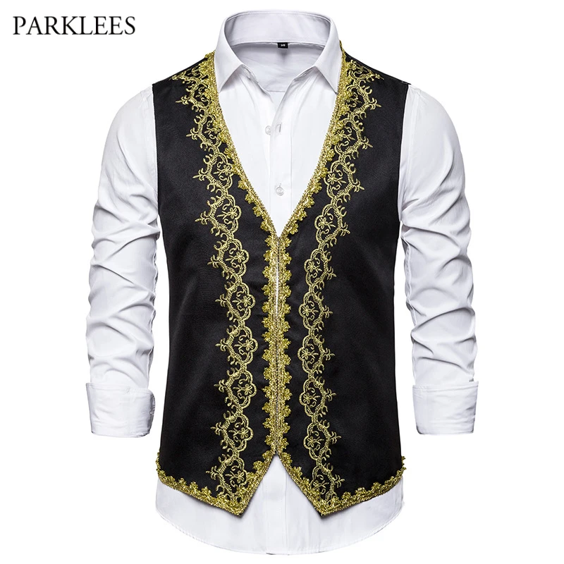 

Stylish Gold Embroidery Baroque Vest Men Slim Fit Palace Prince Black Vest Waistcoat Men Stage Prom Drama Opera Costume Gilet