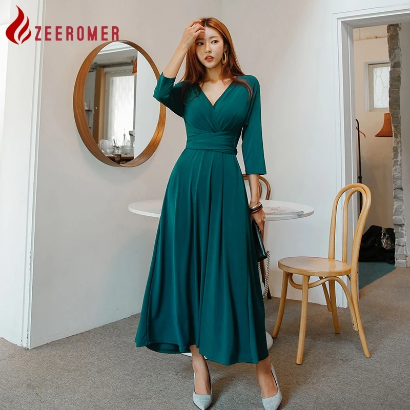 

Осеннее элегантное темпераментное вечернее платье ZEEROMER 2023, женское длинное офисное платье-трапеция с V-образным вырезом и рукавом три четверти, со шнуровкой