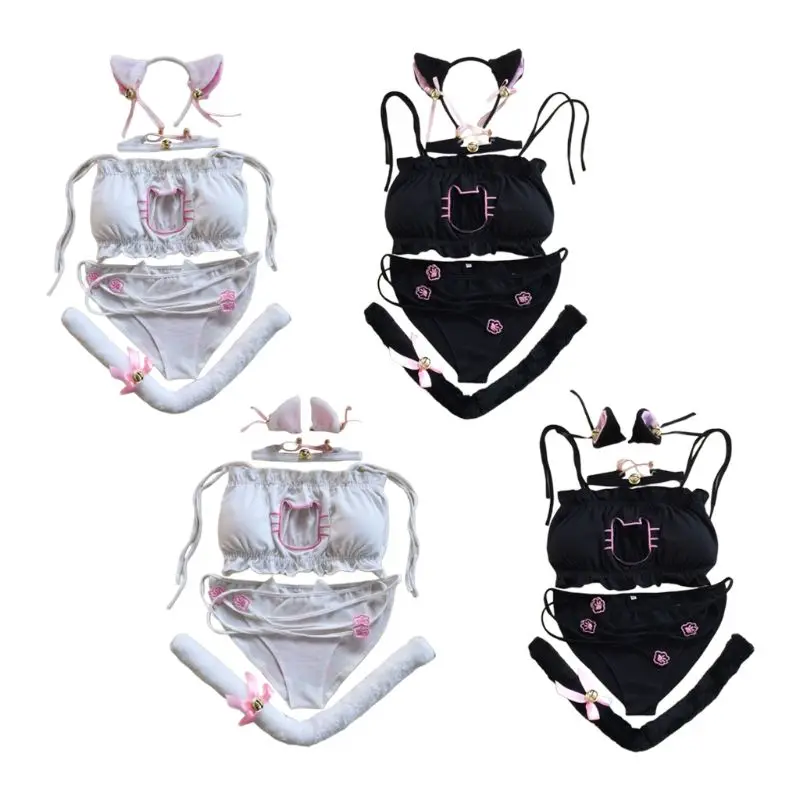

85WB Kawaii Women Sexy Embroidery Keyhole Hollow Bra Panty Underwear Set Plush Ears Bandana Choker Animal Tail Cosplay Anime
