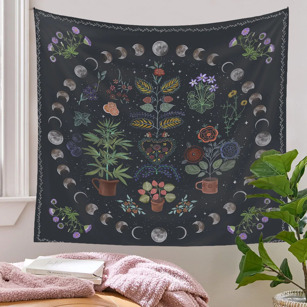 

Psychedelic Moon Phase Tapestry Bohemia Flowers Plants Pattern Blanket Tapestry Bedroom Bedspread Decoration Sky Carpet
