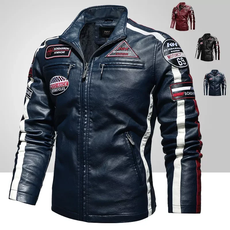 

NEW IN Vintage Motorcycle Jacket 2021 Men Fashion New Biker Leather Jacket Male Embroidery Bomber Coat Winter Fleece Pu Overcoat