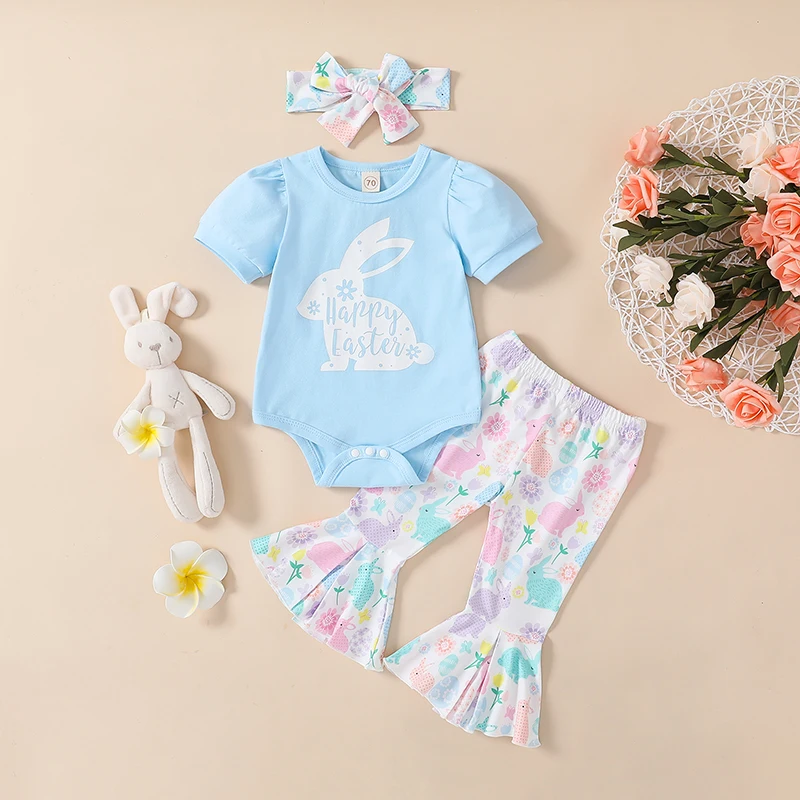 

Пасхальный костюм для маленьких девочек, комбинезон с коротким рукавом и буквенным принтом кролика, расклешенные брюки с цветочным принтом кролика, повязка на голову с бантом, комплект из 3 предметов на возраст 0-18 месяцев