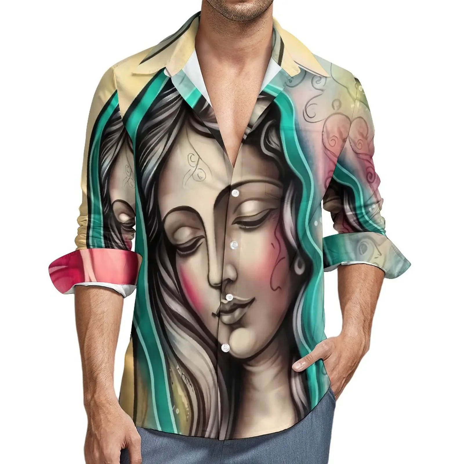 

Virgin Mary Casual Shirts Man Christian Mother Goddess Shirt Long Sleeve Loose Harajuku Blouses Spring Design Clothing Plus Size