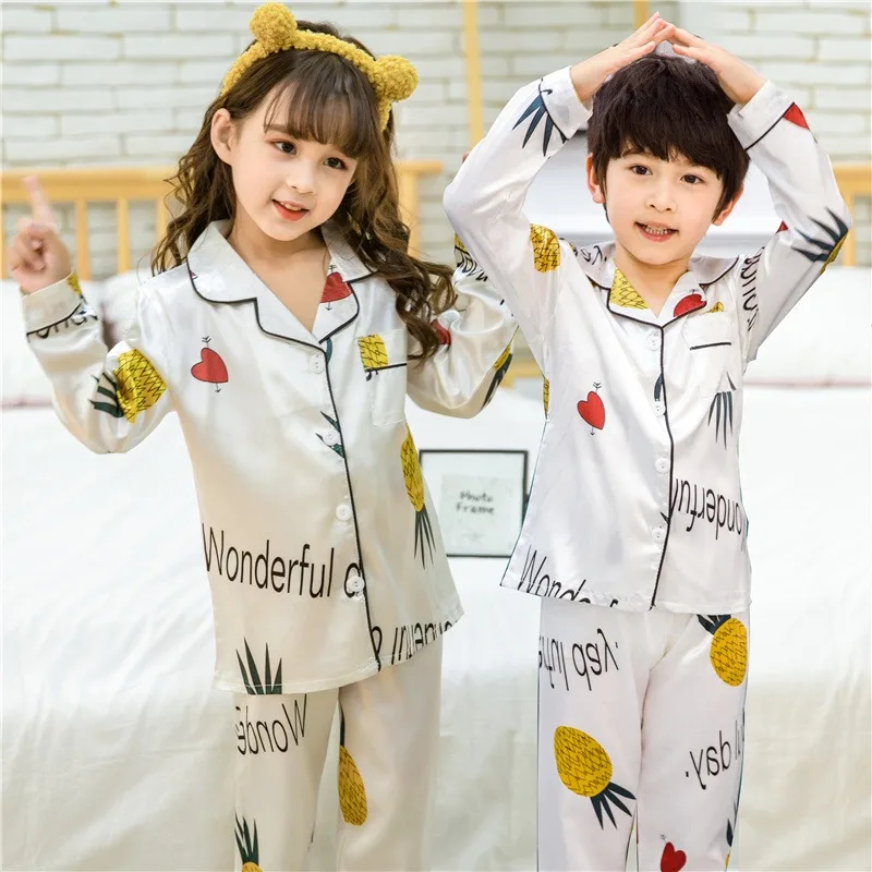 

White Silk Pyjamas Kids 2022 Spring Autumn Long Sleeve Sleepwear Set Boys Pijamas Sets For Teens Home Cloth Girls Pajamas Set