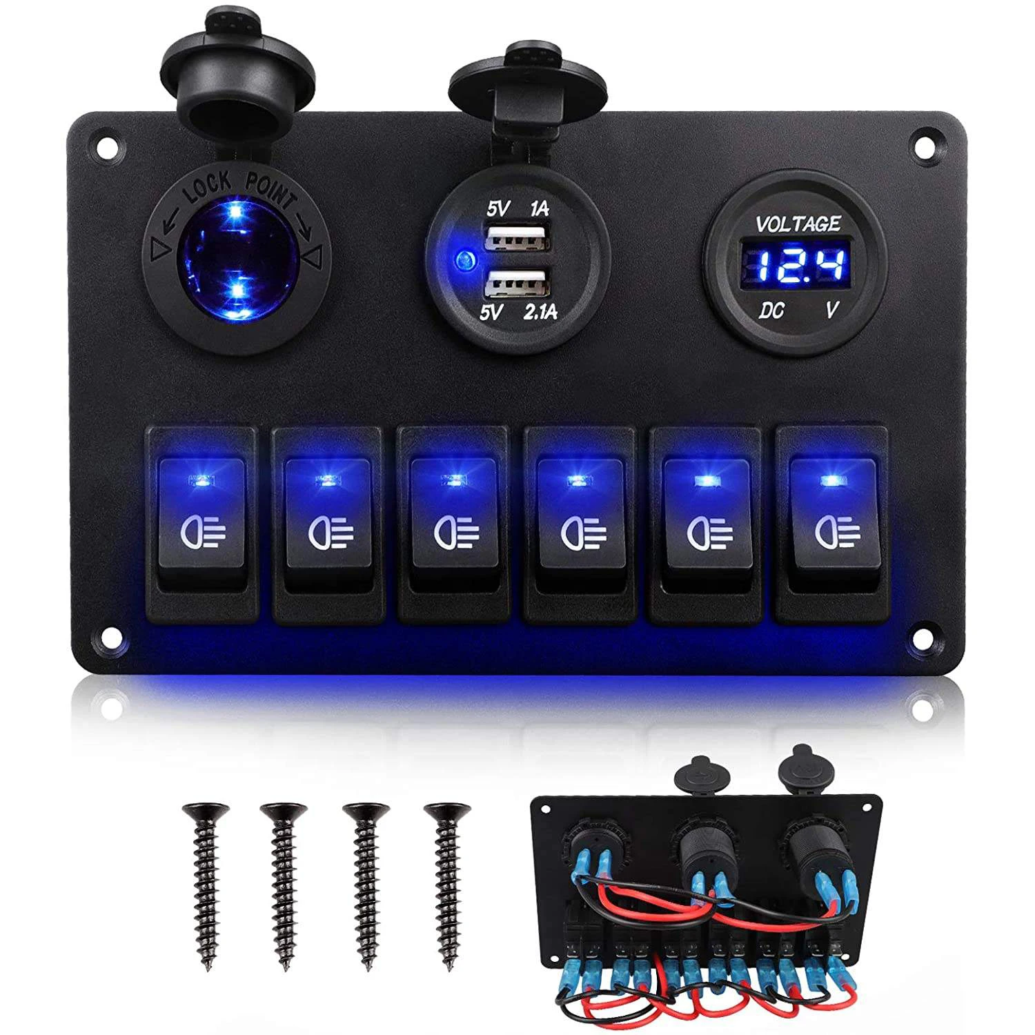 

12V Dual USB Charger Cigarette Lighter Socket Voltmeter 6 Gang Blue Rocker Switch Panel Circuit Breaker for Car Marine