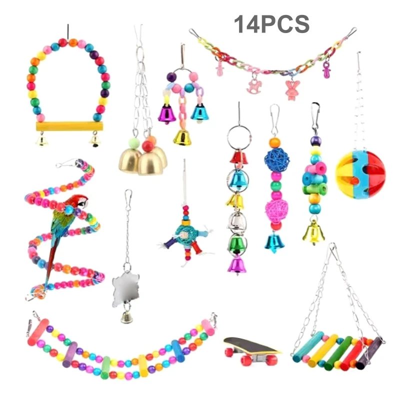 

G6DA 14 Pcs Bird Training Toys Parrot Chew Toy Safe Swing Ladder Perch Mirror Skateboard for budgie Parakeet Cockatiel Macaw