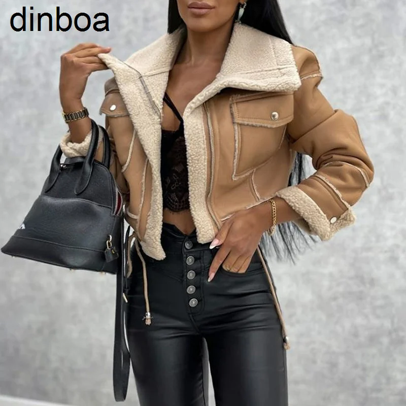 

Женская зимняя куртка из искусственной кожи Dinboa-2022 Top, флисовое льняное пальто с длинным рукавом и отворотом, мотоциклетная куртка на молнии...