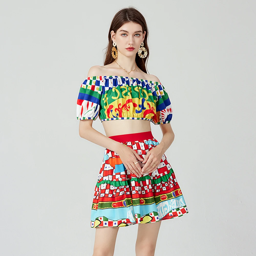 

Женский пляжный костюм из двух предметов, модельный Роскошный топ с вырезом лодочкой и принтом и плиссированная мини-юбка с цветными блоками, A583, лето