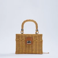 2022 za new women square bag metal buckle chain box shaped rattan straw woven bag portable shoulder diagonal natural handbag