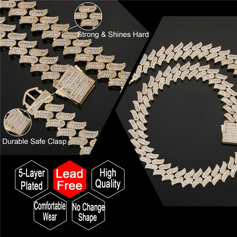 

Hip Hop 17MM Thorn Baguette Cuban Chain Bling Iced Out CZ Setting AAA+ Cubic Zirconia Bracelet Necklace For Men Women Jewelry