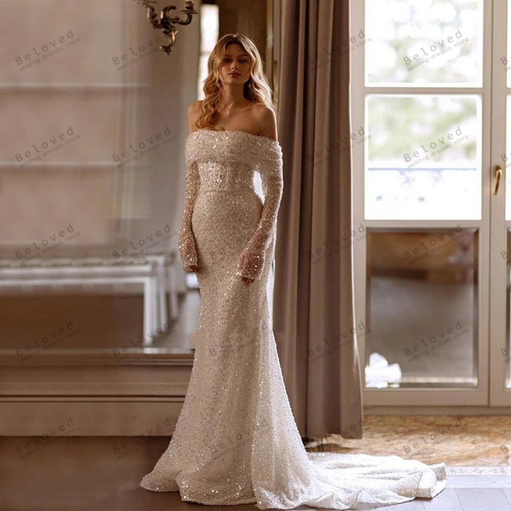 Блестящие свадебные платья Гламурные с открытыми плечами платье юбкой-годе и