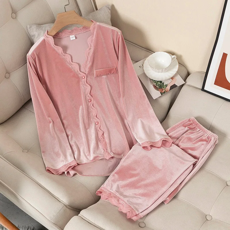Women New Velvet Pajamas Autumn Winter Sleepwear Long Sleeve Casual Nightwear Pyjamas Suit Loose Home Clothes Lace Trim Sleep