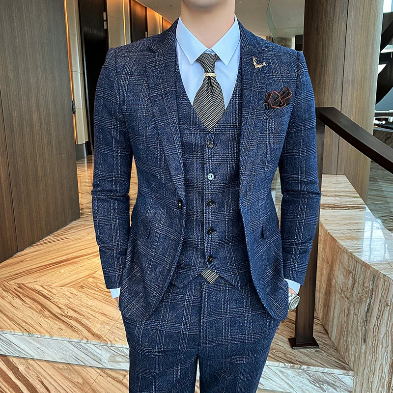 

(Блейзеры + брюки) Весенний Новый Модный джентльменский мужской Клетчатый костюм для отдыха пиджак в комплекте английский простой смокинг для жениха из 3 предметов 5XL