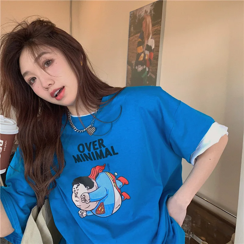 

2022 Summer Women T-Shirt Cartoon O-Neck Top Cotton Loose Tee Loose Korean Design Pullover Couple Cloth Men Top