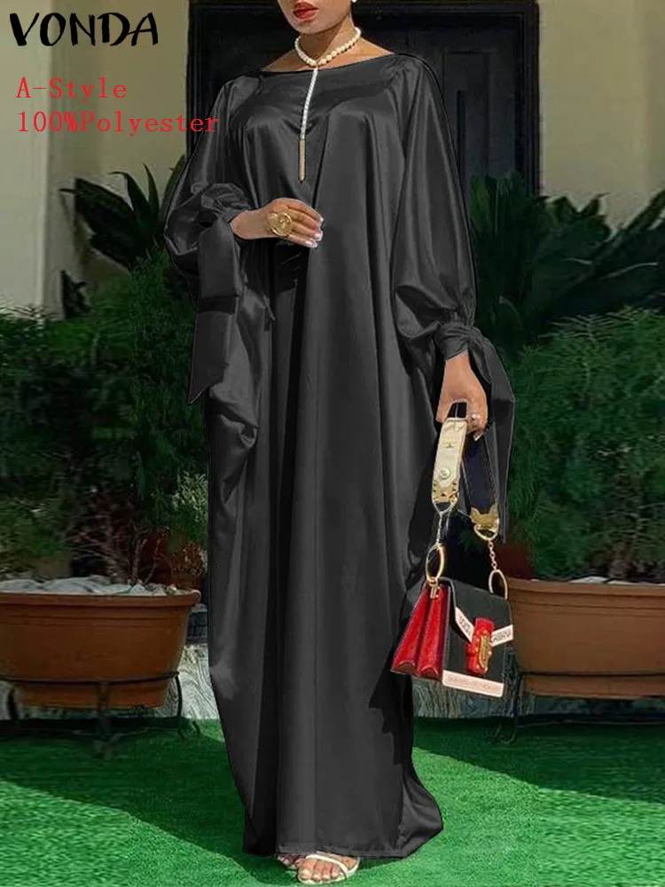 Elegant Kaftan Dress Women Party Dresses 2022 VONDA Long Sleeve Satin Bohemian Holiday Summer Sundress Casual Solid Vestido Robe