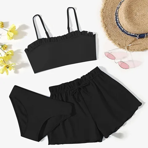 Toddler Girl's 3 Piece Swimsuits Soild Bikini Rullfe Bathing Suit Briefs Girls Bikini Swimwear Girls Bathing Suits with Shirts