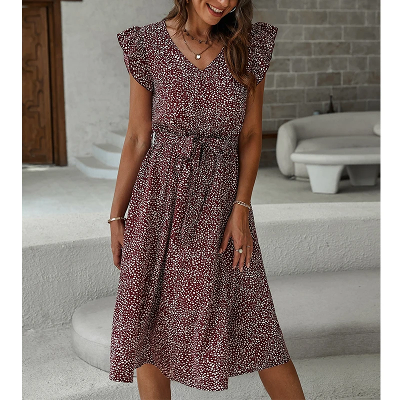 

Elegant Polka Dot Mini Dresses Women Summer Dresses 2022 New Deep V neck Short Flying Sleeve High Waist Ruffled Hem A-Line Dress