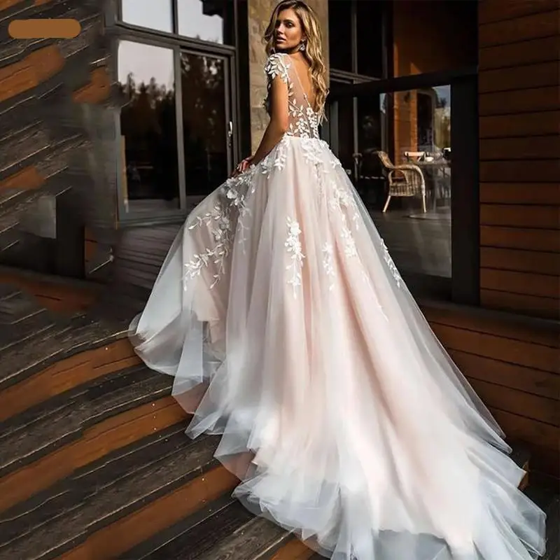 

Long Floral Boho Wedding Dresses Lace Applique Short Sleeves Illusion Backless A Line Tulle Beach Bridal Gowns Sexy Bride Wear