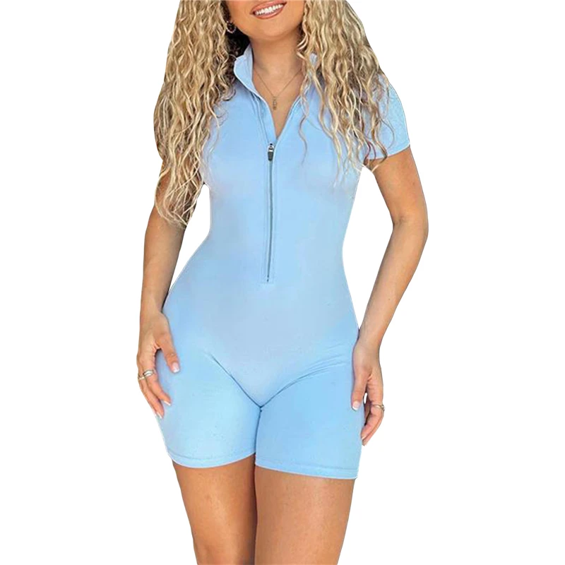 

y2k Playsuit Summer 2023 Women Fairy Grunge Solid Color Short Sleeve Mock Neck Zip Up Shorts Jumpsuit Bodycon Romper Streetwear