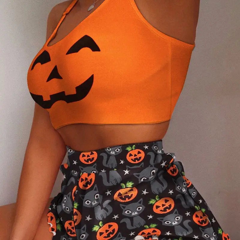 

Halloween Pumpkin Cat Print Cami Set Camisole Halter Tank Women Autumn Slim Fashion Short Spliced Sleeveless