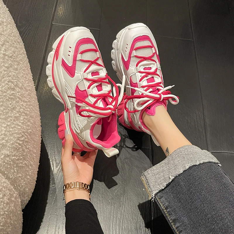 

Женские кроссовки, новинка 2022, Модные женские кроссовки на платформе, милая розовая обувь на шнуровке, модная повседневная обувь для девочек, женские кроссовки