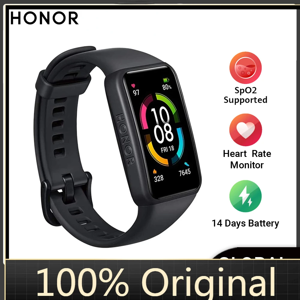 

Смарт-часы Honor Band 6, 1,47 дюйма, AMOLED дисплей, 14 дней автономной работы, пульсометр, фитнес-трекер сна