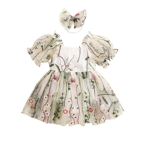 Летняя одежда для маленьких девочек, комбинезон, наряд, комбинезон с пышными рукавами и цветочной вышивкой, ТРАПЕЦИЕВИДНОЕ ПЛАТЬЕ, одежда для маленьких девочек