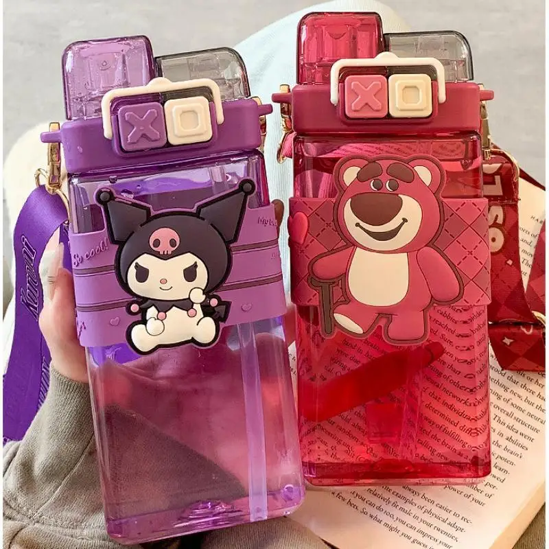 

520ml Sanrioed Melody Onpompurin Cinnamoroll Kuromi Plastic Students Bottle Double Drink Cup Cartoon Large Capacity Water Bottle