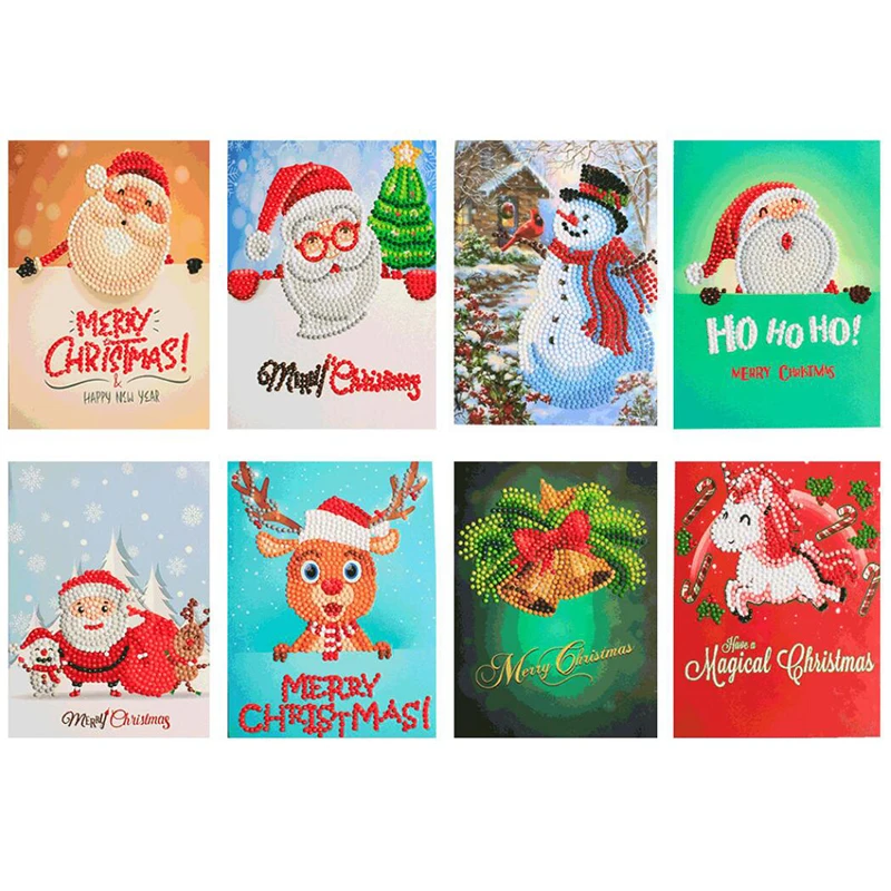 

8pcs Diamond Painting Kit Christmas Greeting Cards Cartoon Postcards 5D DIY Festival Diamond Embroidery Cross Stitch Art Crafts