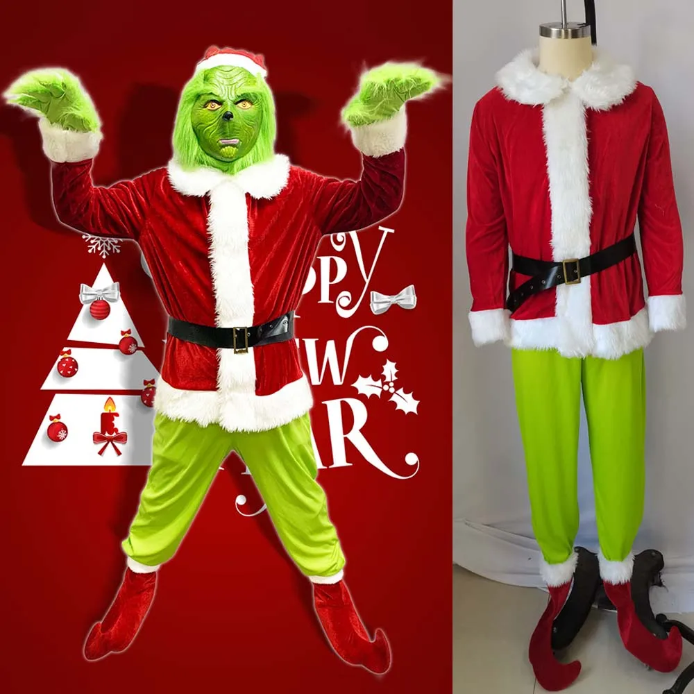 Christmas Stole Geek Santa Costume Masks Gloves Cosplay Green Monster Suit Halloween Carnival Party Costumes Props