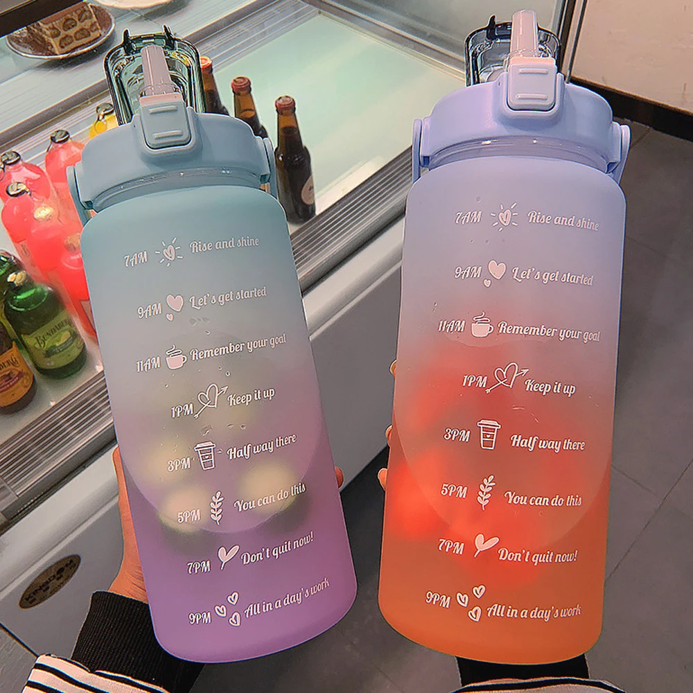

2L Large-capacity Water Bottle With Bounce Lid Timeline Reminder Leak-proof Frosted Straw Cup For Outdoor Sports And Fitness