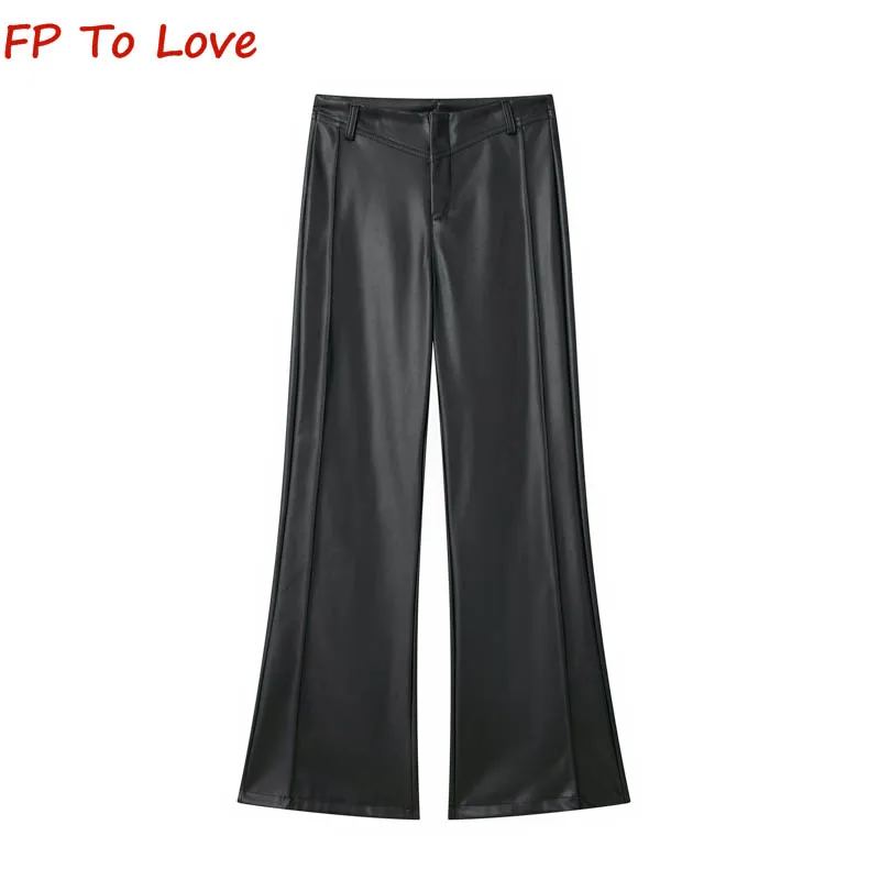 

Брюки женские прямые с широкими штанинами, из ПУ кожи, на осень/зиму