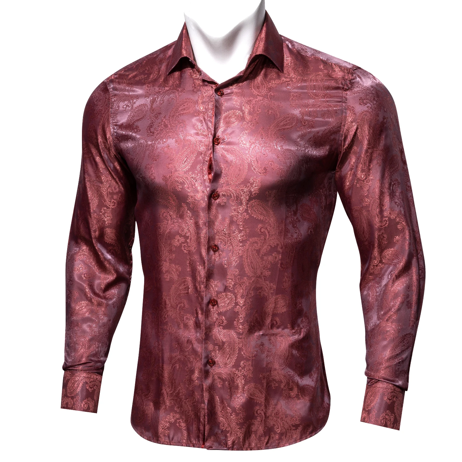 

Wine Red Paisley Long Sleeve Polyester Mens Shirt Classic Casual Fit Jacquard Turndown Collar Business Wedding Party Barry.Wang