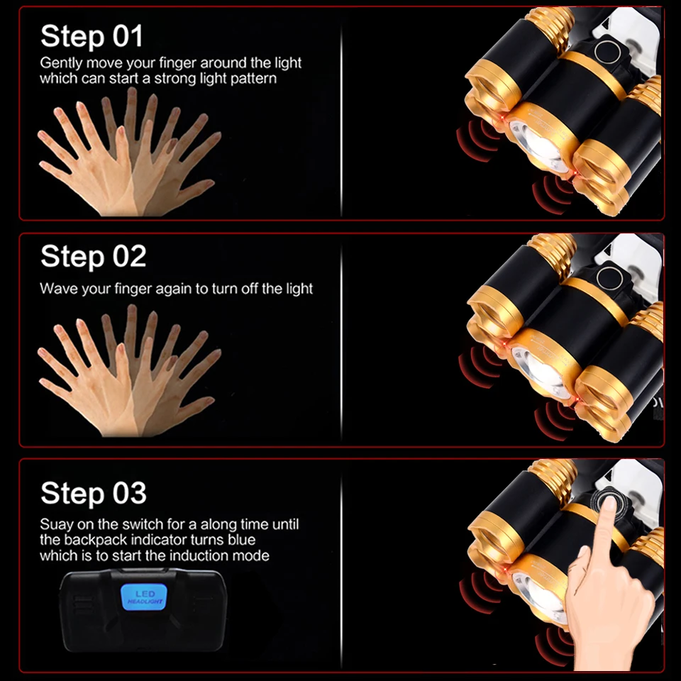 Сенсорный переключатель светодиодный налобный фонарь 5 T6 мощный фонарик