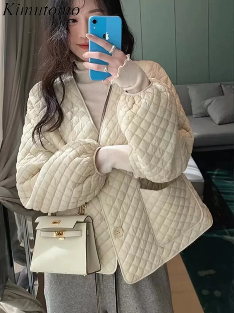 

Винтажные свободные ромбовидные клетчатые парки Kimutomo, женские элегантные однотонные универсальные куртки с V-образным вырезом и одним нагр...