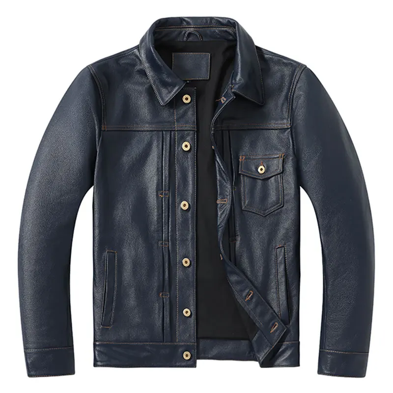 

Мужская кожаная куртка, темно-синяя короткая приталенная мотоциклетная куртка из воловьей кожи, однобортное пальто с лацканами в стиле ретро