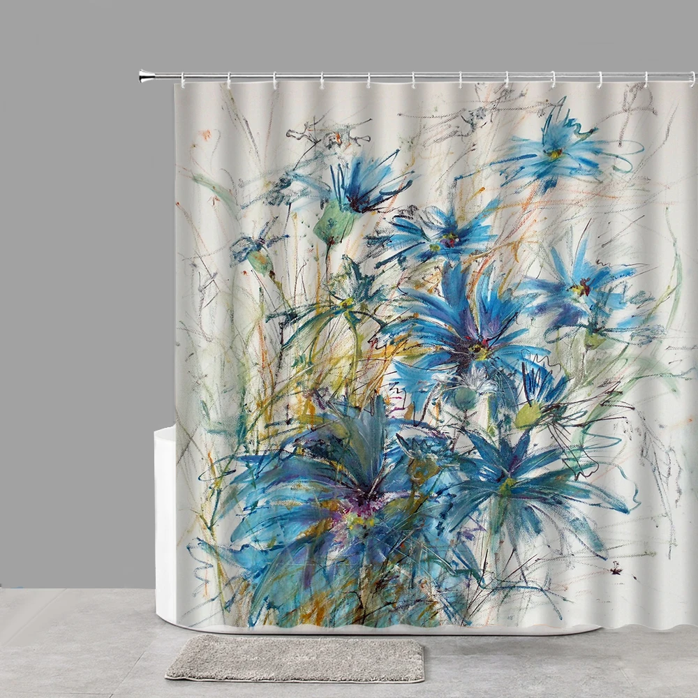 

Штора для душа с цветами, акварельная занавеска для ванной комнаты с синими растениями, s для кухни, домашнего декора, Товары для ванной комн...